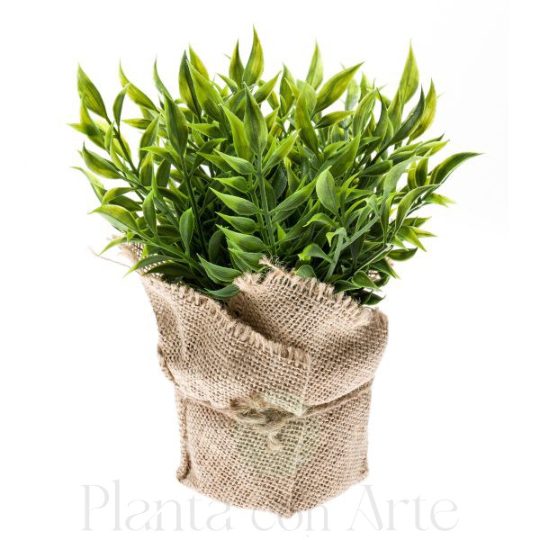 Planta Ruscus artificial en maceta de tela de yute