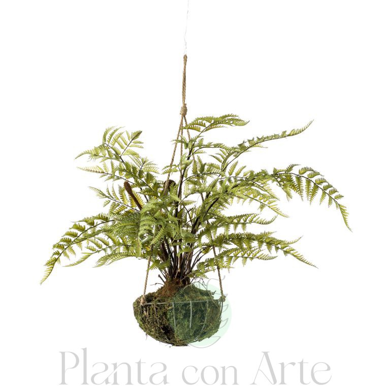 Kokedama Helecho artificial colgante en cesta metálica para colgar del techo