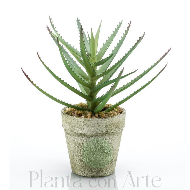 Planta de aloe artificial realista en maceta de cemento