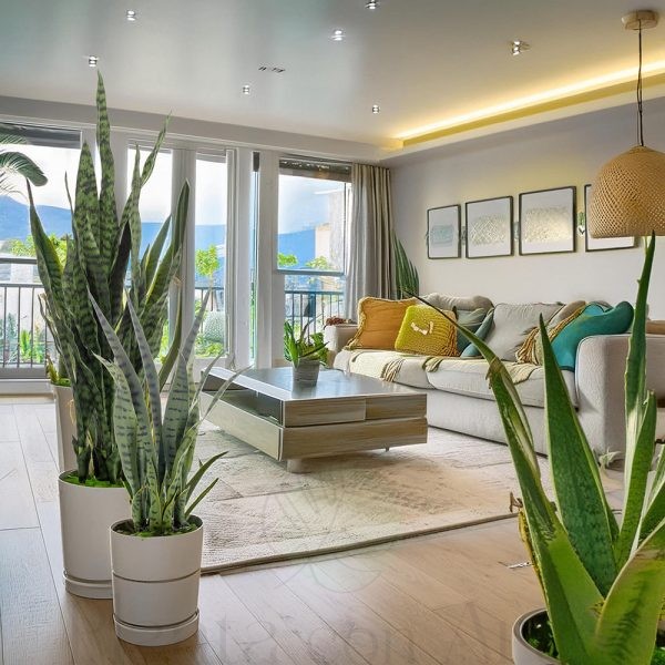planta sansevieria artificial en decoración de interior