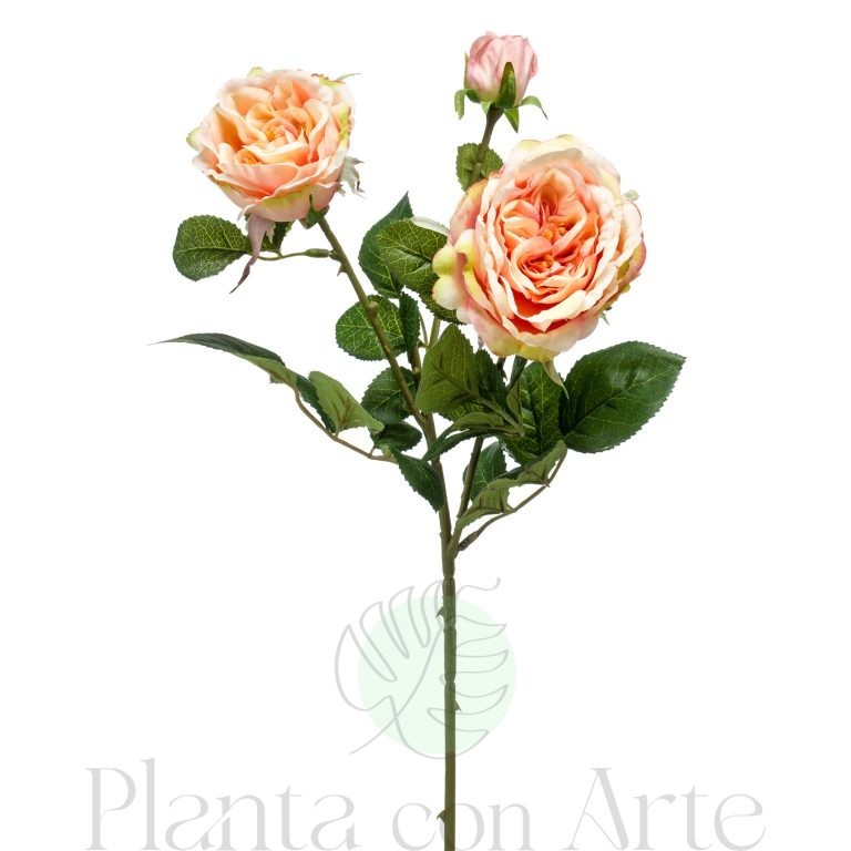 Rama con 3 ROSAS tono MELOCOTÓN de 58 cm de altura