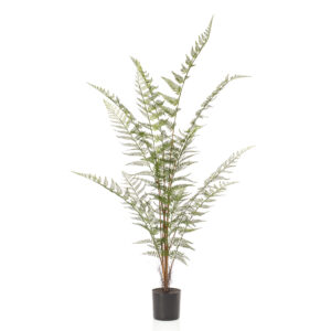 Helecho artificial de 120 cm de altura con ramas orientables y hoja luminosa de color verde intenso. Increíble realismo para decoración de interiores.