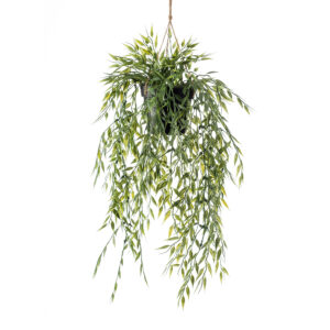 Planta colgante BAMBÚ artificial en maceta con cuerda de macramé, listo para colgar.