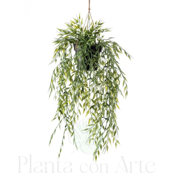 Planta colgante BAMBÚ artificial en maceta con cuerda de macramé, listo para colgar.