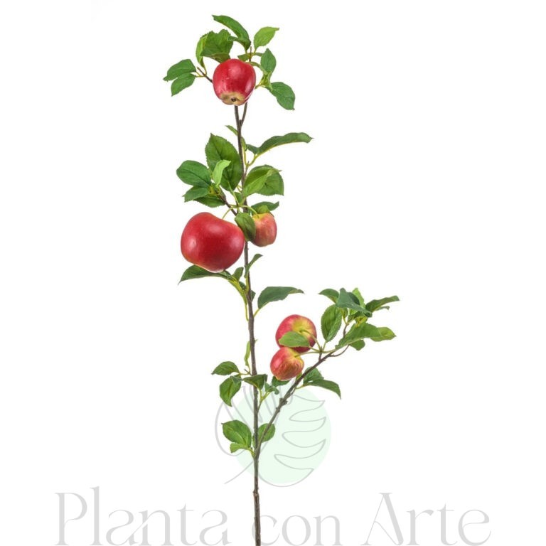 Rama con 5 manzanas rojas artificiales de alto realismo y tamaños diferentes