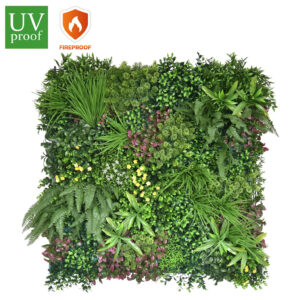 Jardín vertical ignífugo exterior artificial realista - Placa de 100x100cm. Protección UV, resistente al agua y tratamiento ignífugo contra fuego