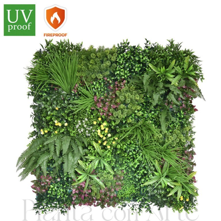 Jardín vertical ignífugo exterior artificial realista - Placa de 100x100cm. Protección UV, resistente al agua y tratamiento ignífugo contra fuego