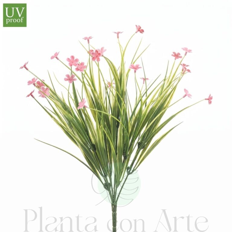 Planta de Hierba con flores rosas para exterior artificial con tratamiento UV de 40 cm de altura total.