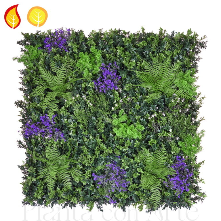 Jardín Vertical LONDON ignífugo artificial con flores violetas y acabado ultrarrealista