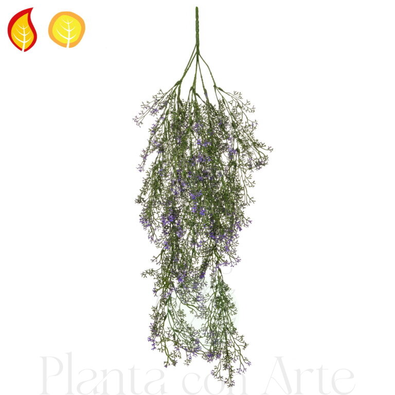 MATA colgante con mini flores violeta artificial UV FR S2 ignífuga con acabado ultrarrealista, y alta frondosidad