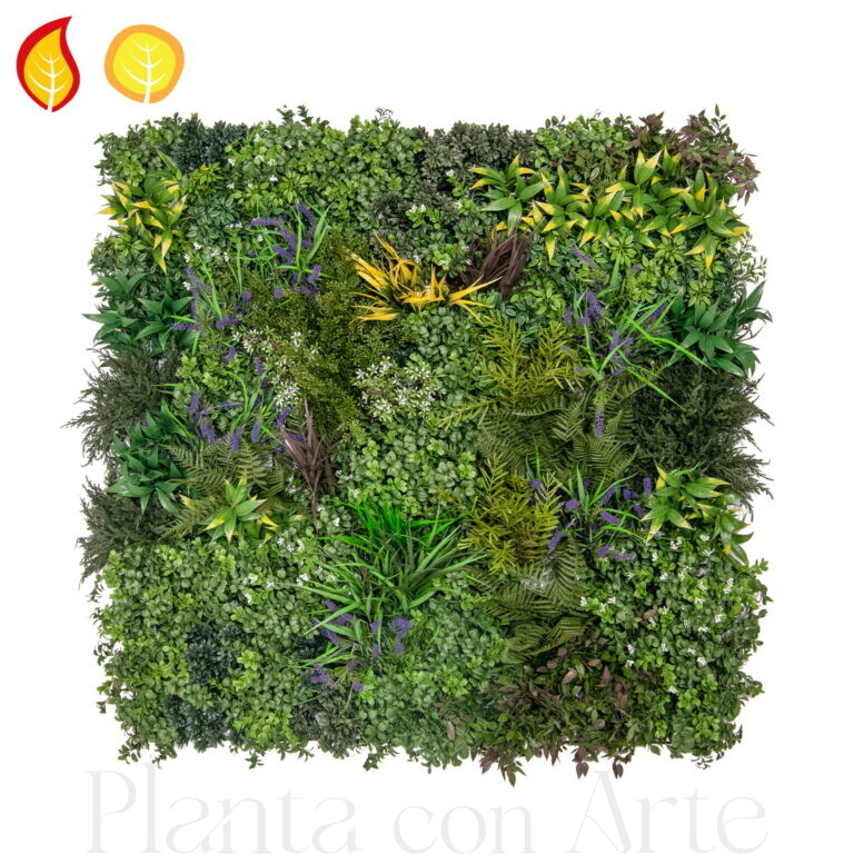 Jardín Vertical CHATTON ignífugo artificial con flores blancas y violetas y tonos amarillos en hojas de acabado ultrarrealista